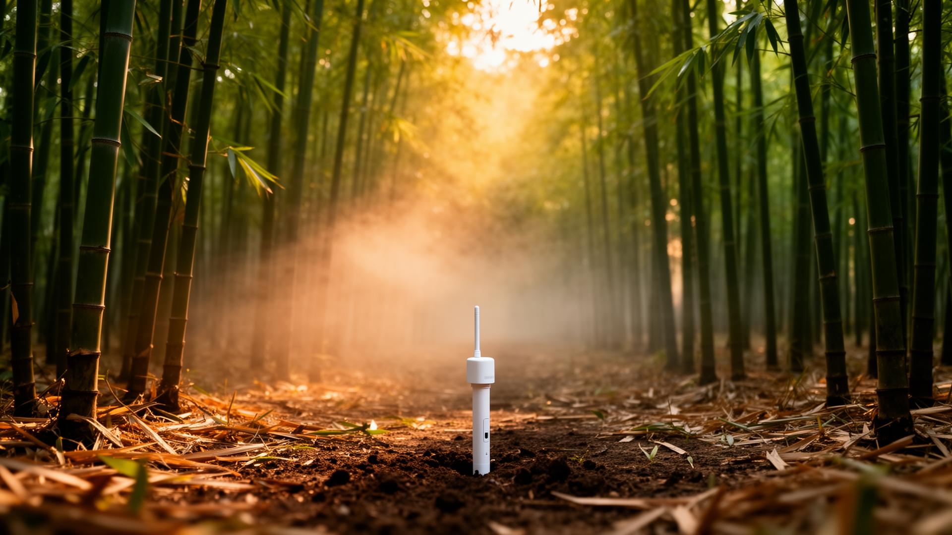 Sonda GreenSense installata in un bambuseto al tramonto